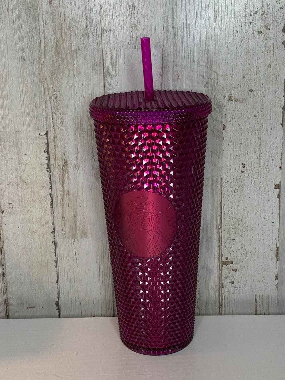 Starbucks Venti Studded Bling Cold Cup Tumbler Pink/ Purple 24 oz w/ Straw